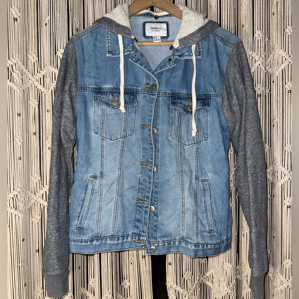 Forever 21 Blue Denim Jacket with Gray Sleeves and Removable Hood